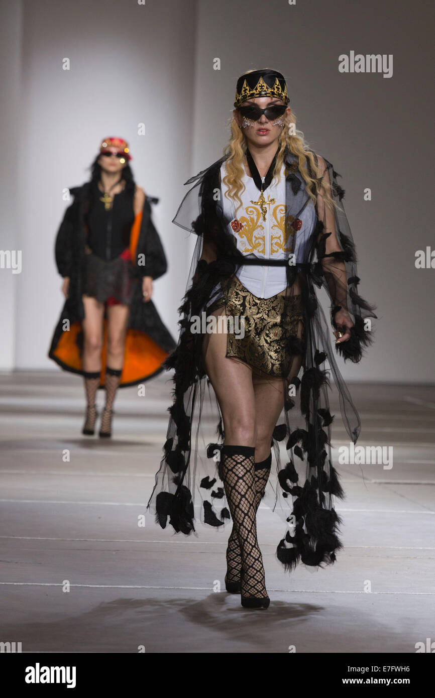 London, UK. 16 September 2014. Collection by Ed Marler. A model walks the runway at the Fashion East show at London Fashion Week SS15 at the Topshop Show Space in London, England. Photo: CatwalkFashion/Alamy Live News Stock Photo
