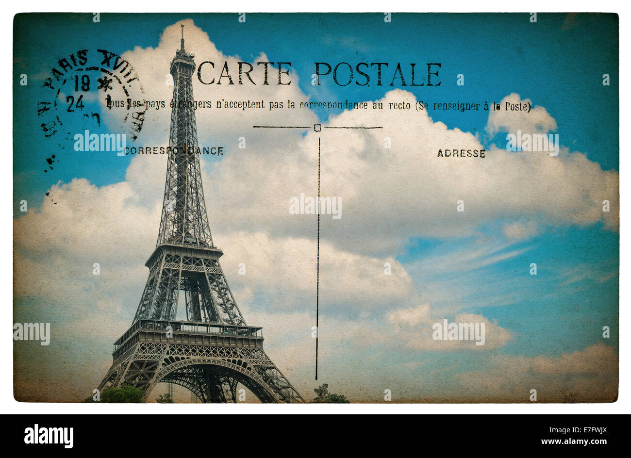 empty antique french postcard from paris with eiffel tower and blue sky.  vintage sentimental retro style paper background Stock Photo - Alamy, image size:1300x944