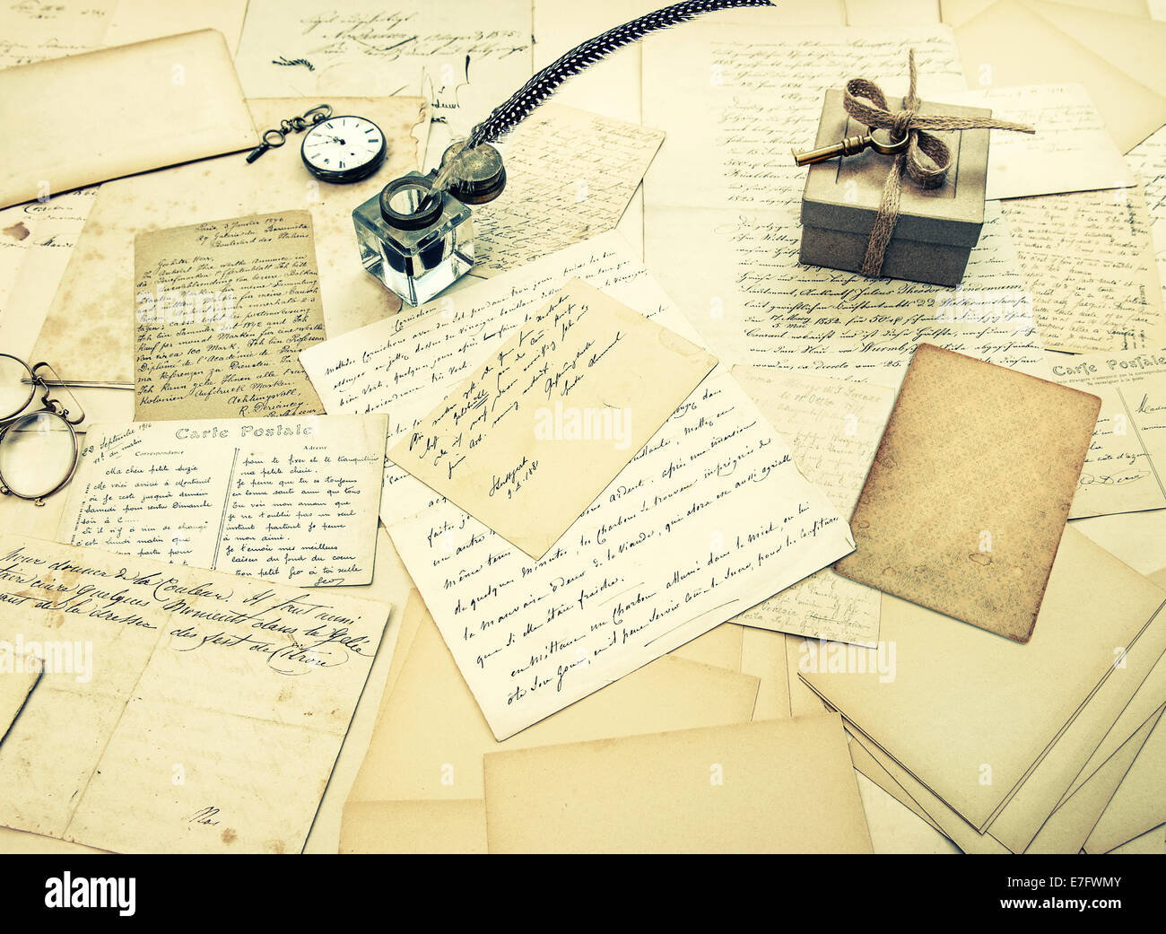 old letters, vintage postcards and antique feather pen. nostalgic ...