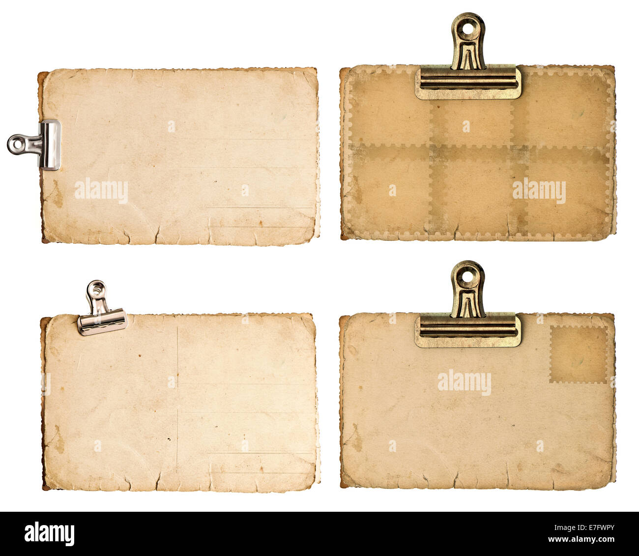 blank aged paper sheets with clip isolated on white background Stock Photo