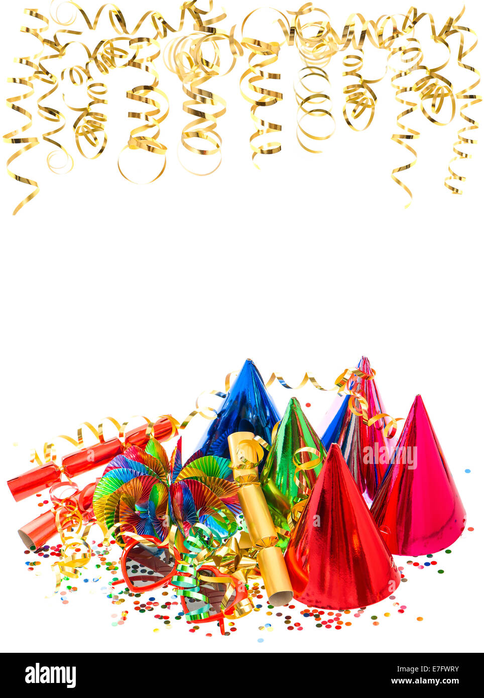 colorful garlands, golden serpentine, party hats and confetti. festive birthday decoration background Stock Photo
