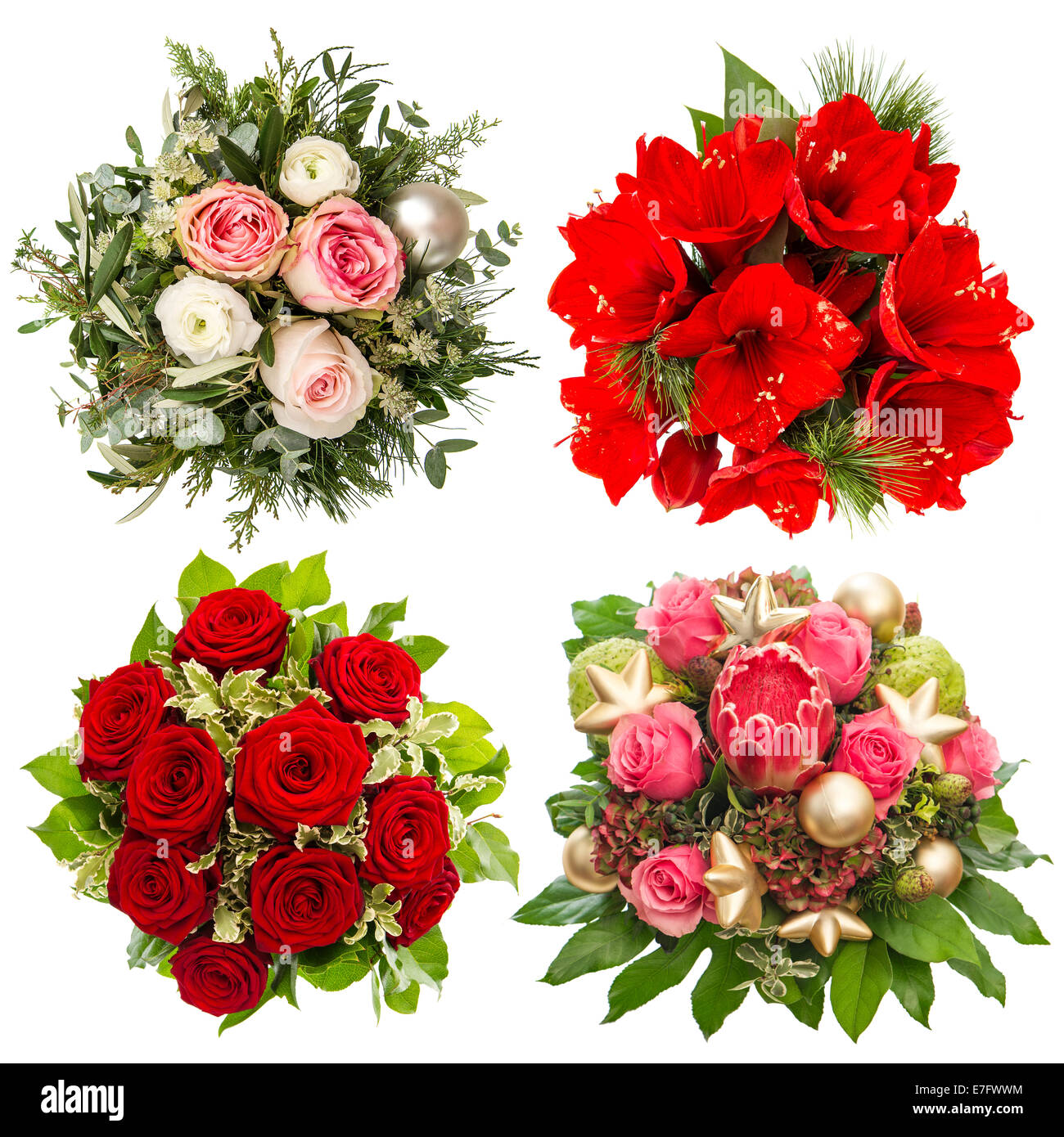 Four colorful flowers bouquet for Christmas and New Year holidays. Roses, amaryllis, protea isolated on white background Stock Photo