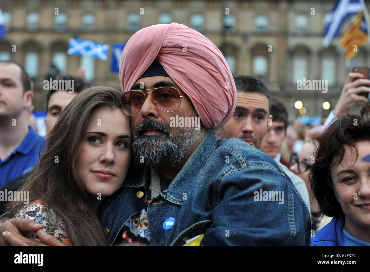 Glasgow, Scotland, UK. 16th September, 2014. Scottish pro-independence rally. Broadcaster and writer Hardeep Singh Kohli amongst Yes crowd at Scottish independence rally in George Square, Glasgow. Credit:  Tony Clerkson/Alamy Live News Stock Photo