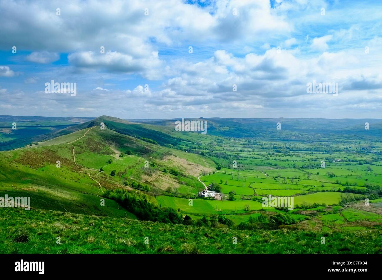 View of the great ridge pathway and the Hope valley, Peak District National Park, Derbyshire, England, May Stock Photo