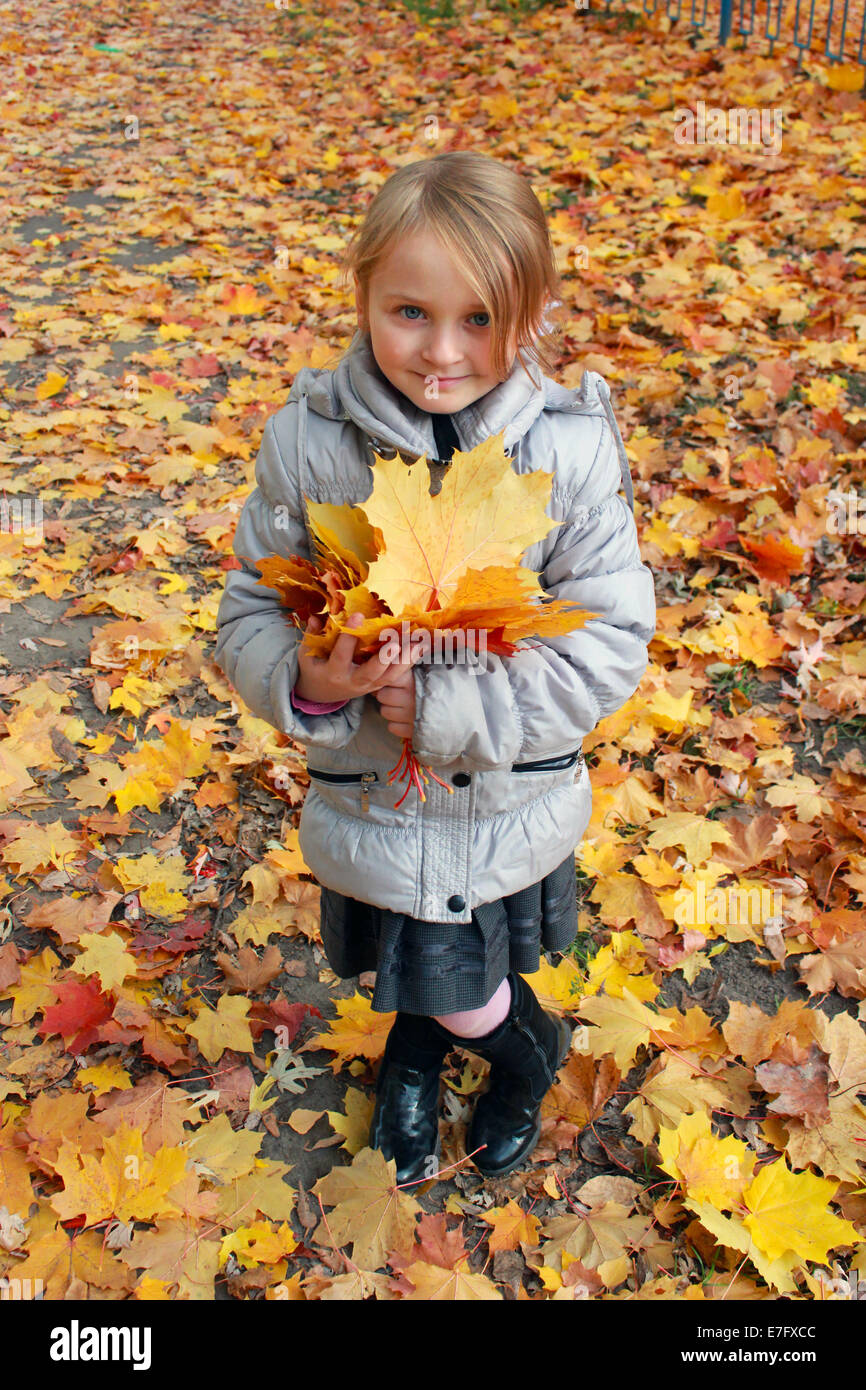 little girl with yellow leaves standing in the park Stock Photo - Alamy