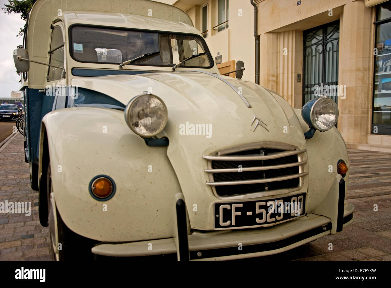 Old Citroen style delivery van parked on the pavement in the seaside town on Les Sables D'Olonne. Stock Photo