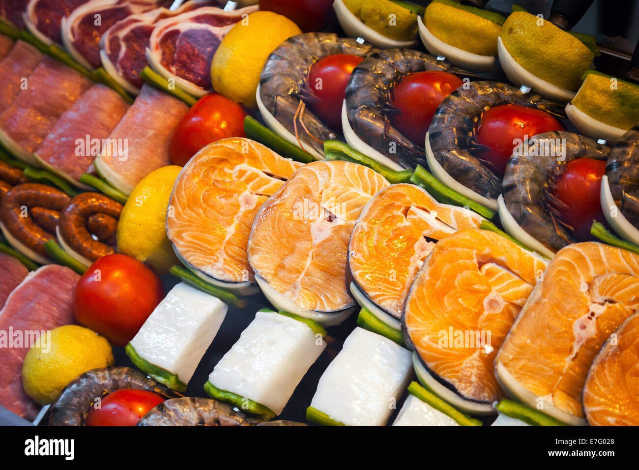 Assorted meat seafood and fish on a restaurant table Stock Photo Alamy