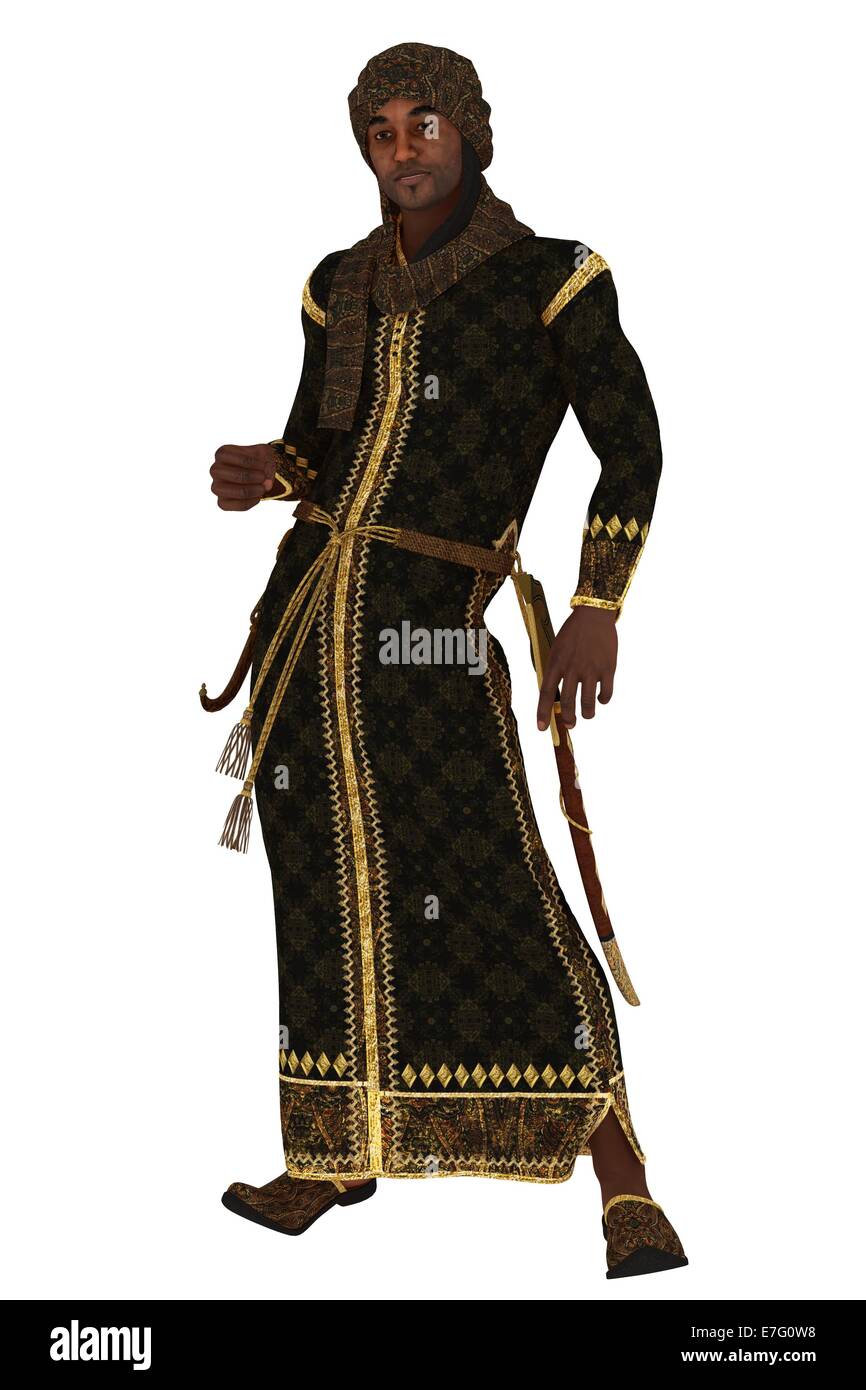 Fantasy arabian nights figure in long robes and turban with sheathed scimitar and dagger Stock Photo