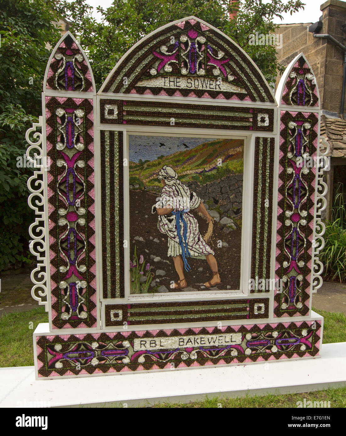 Unique and colourful design created entirely from flower petals to celebrate well dressing tradition at  village of Bakewell Stock Photo