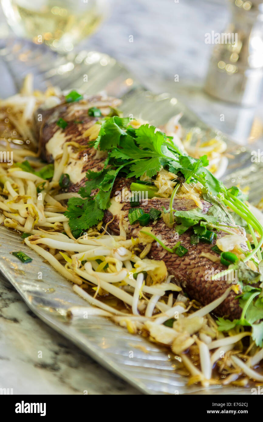 Hawaiian pink snapper boiled, served with warm soy sauce and sesame oil, topped with bean sprouts and cilantro Stock Photo
