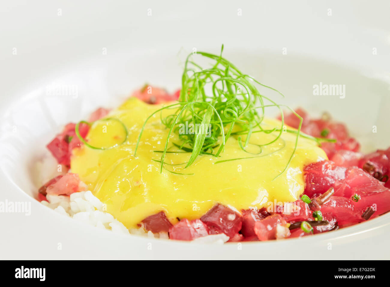 Spicy Ahi tuna served on a bed of rice and topped with Aleppo pepper