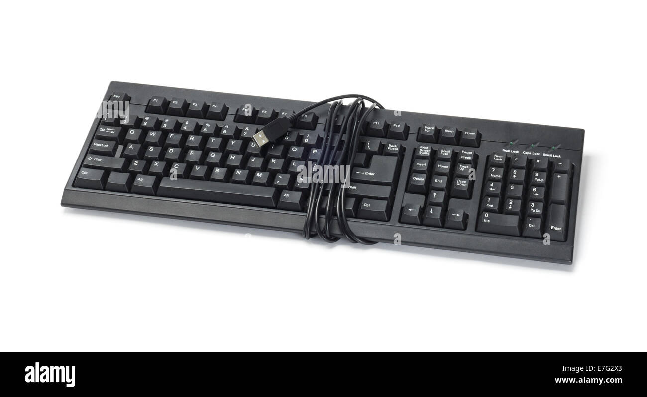 Black Computer Keyboard With USB Cable On White Background Stock Photo