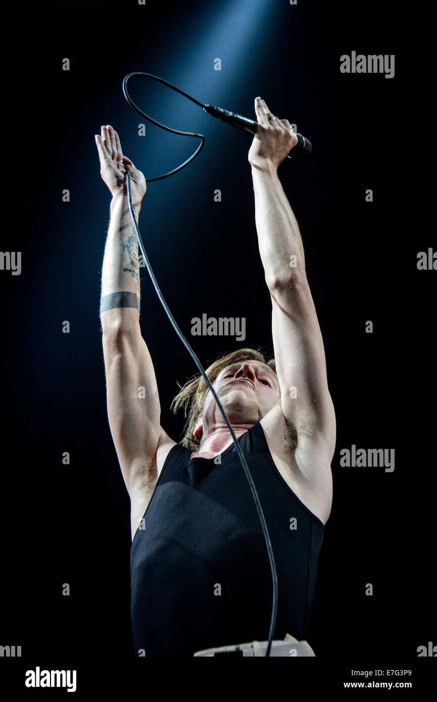 Toronto, Ontario, Canada. 16th Sep, 2014. Lead singer Matt Shultz  of American rock band 'Cage The Elefant' perfoms at Air Canada Center in Toronto. Credit:  Igor Vidyashev/ZUMA Wire/Alamy Live News Stock Photo