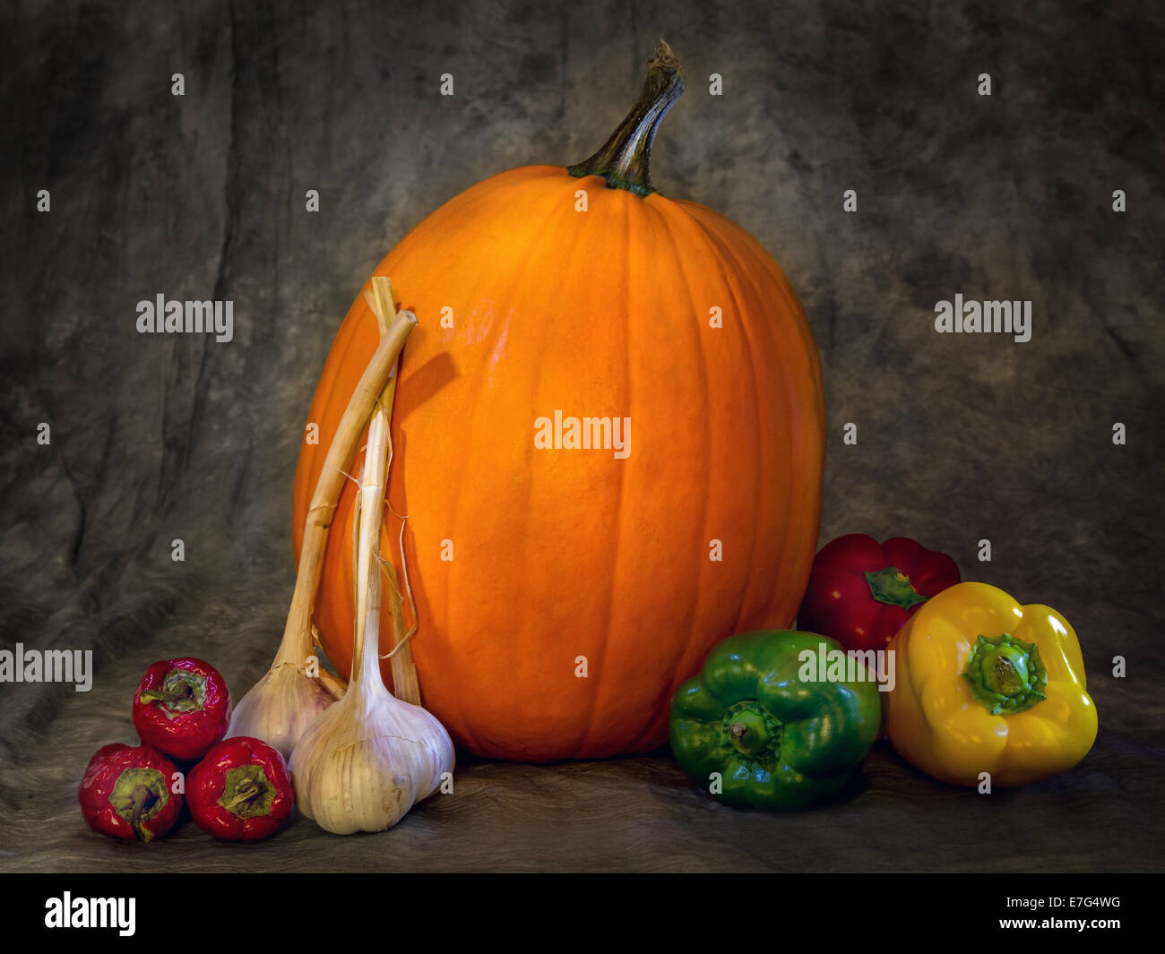 Composition of big pumpkin, red chili pepper,garlic and paprika shot on dark grey background Stock Photo