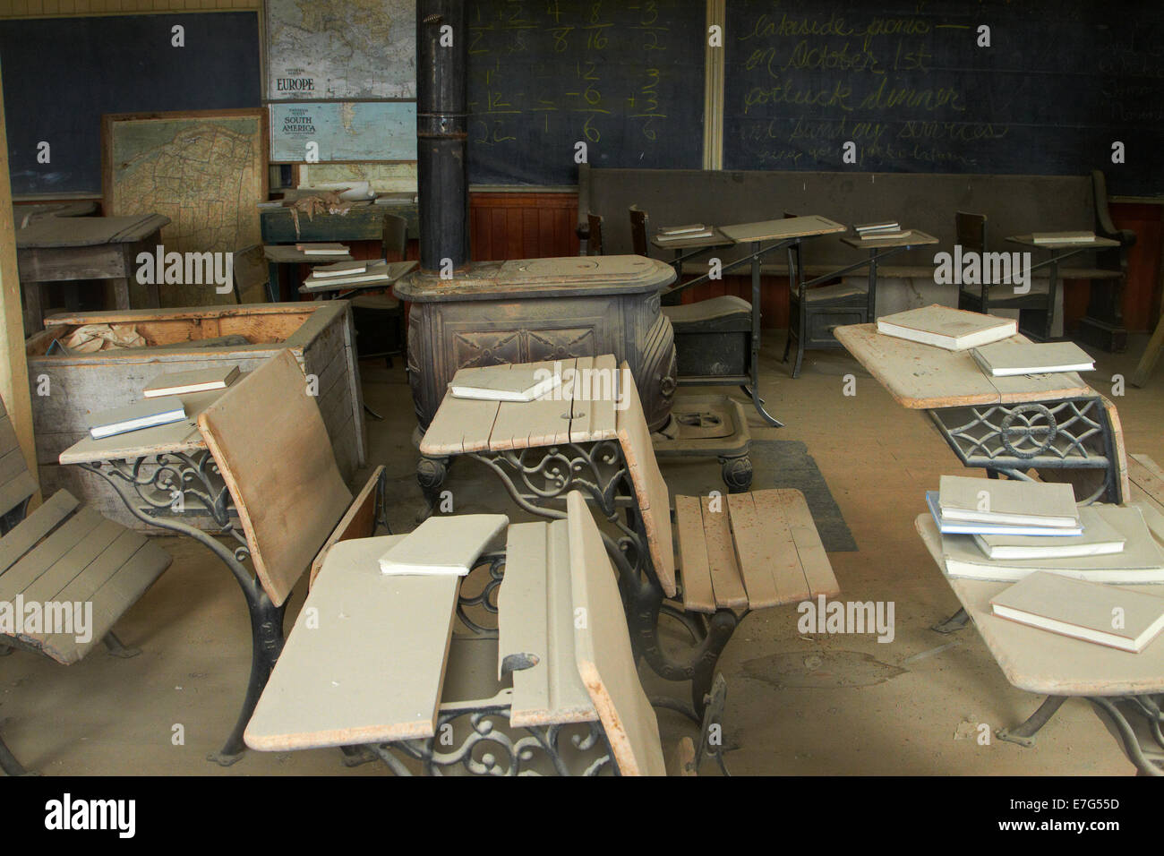 Old classroom in School House, Bodie Ghost Town ( elevation 8379 ft / 2554 m ), Bodie Hills, Eastern Sierra, California, USA Stock Photo