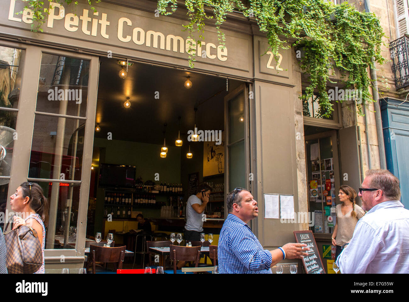 Bordeaux, France, Group Men standing outside typical French Bistro Restaurants 'le Petit Commerce' Stock Photo