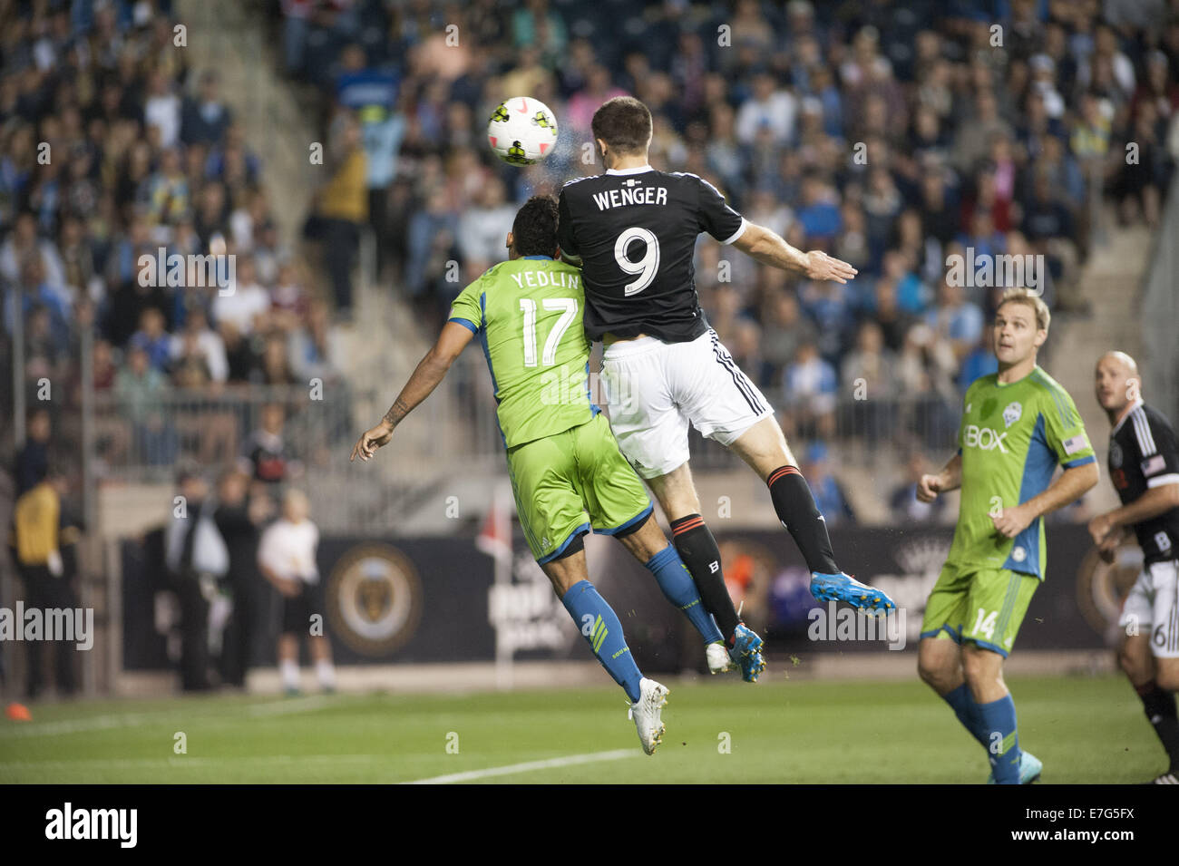 Chester, Pennsylvania, USA. 16th Sep, 2014. Philadelphia Union's ANDREW WENGER (9) and Sounder's DEANDRE YEDLIN, (17) in action during The LAMAR HUNT U.S. OPEN CUP TITLE The Seattle Sounders won with a 3-1 victory against the Philadelphia Union at PPL Park in Chester PA Credit:  Ricky Fitchett/ZUMA Wire/Alamy Live News Stock Photo