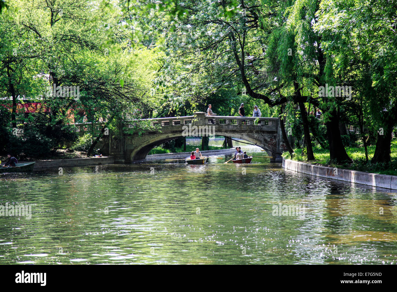 Lake and boat in Cismigiu park Bucharest, Romania Stock Photo