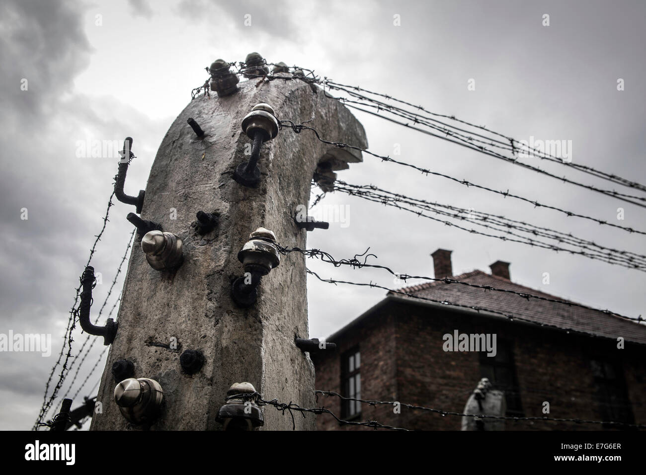 Barbed wire fence, Auschwitz I extermination camp, Oswiecim, Poland, Oswiecim, Poland Stock Photo