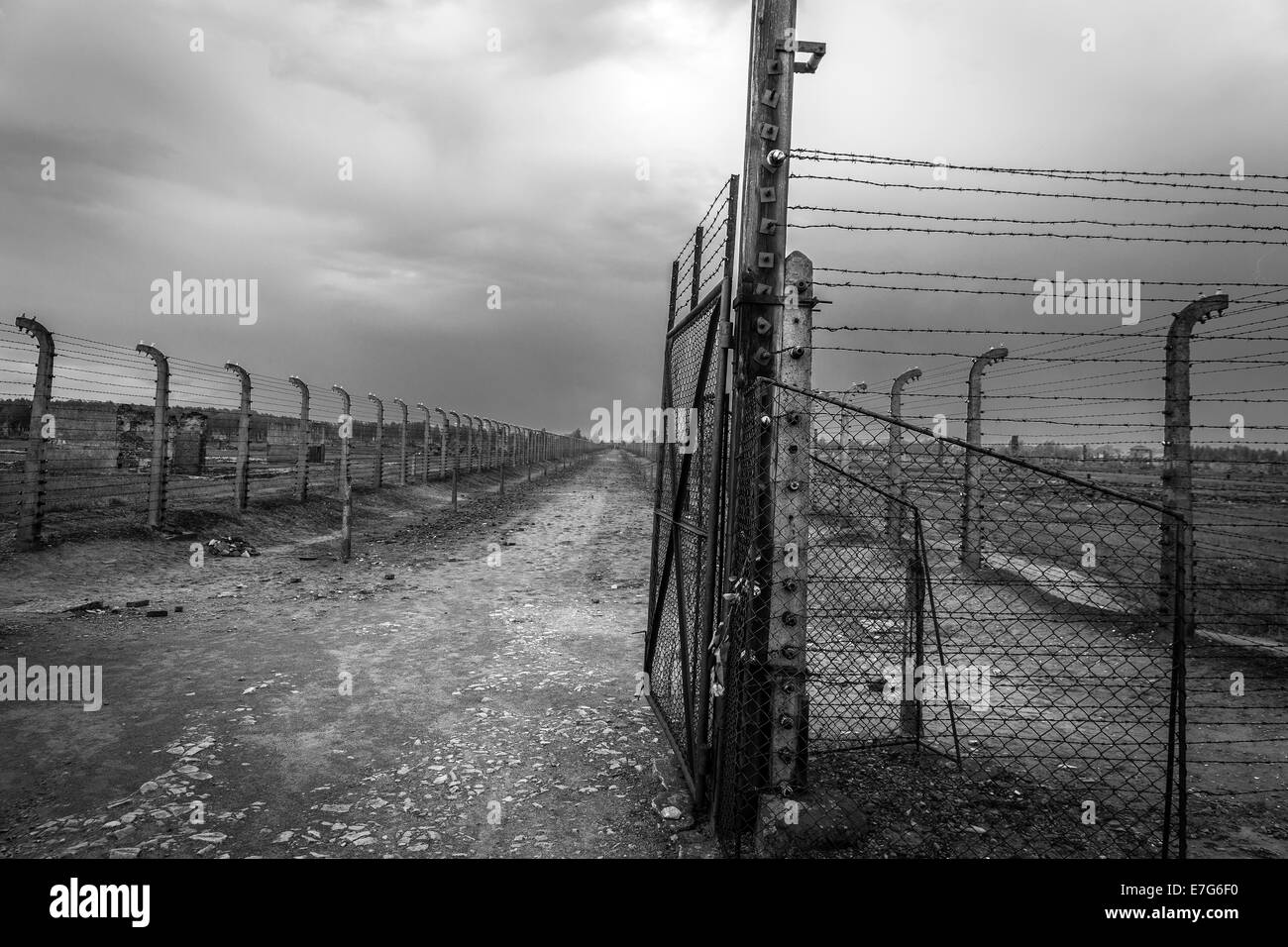 Barbed wire fences, Auschwitz II-Birkenau extermination camp, Oswiecim, Poland Stock Photo