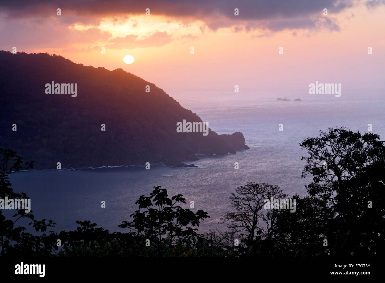 Sunset at Flagstaff Hill lookout, Man O'War Bay, Charlotteville, Tobago, Trinidad and Tobago Stock Photo