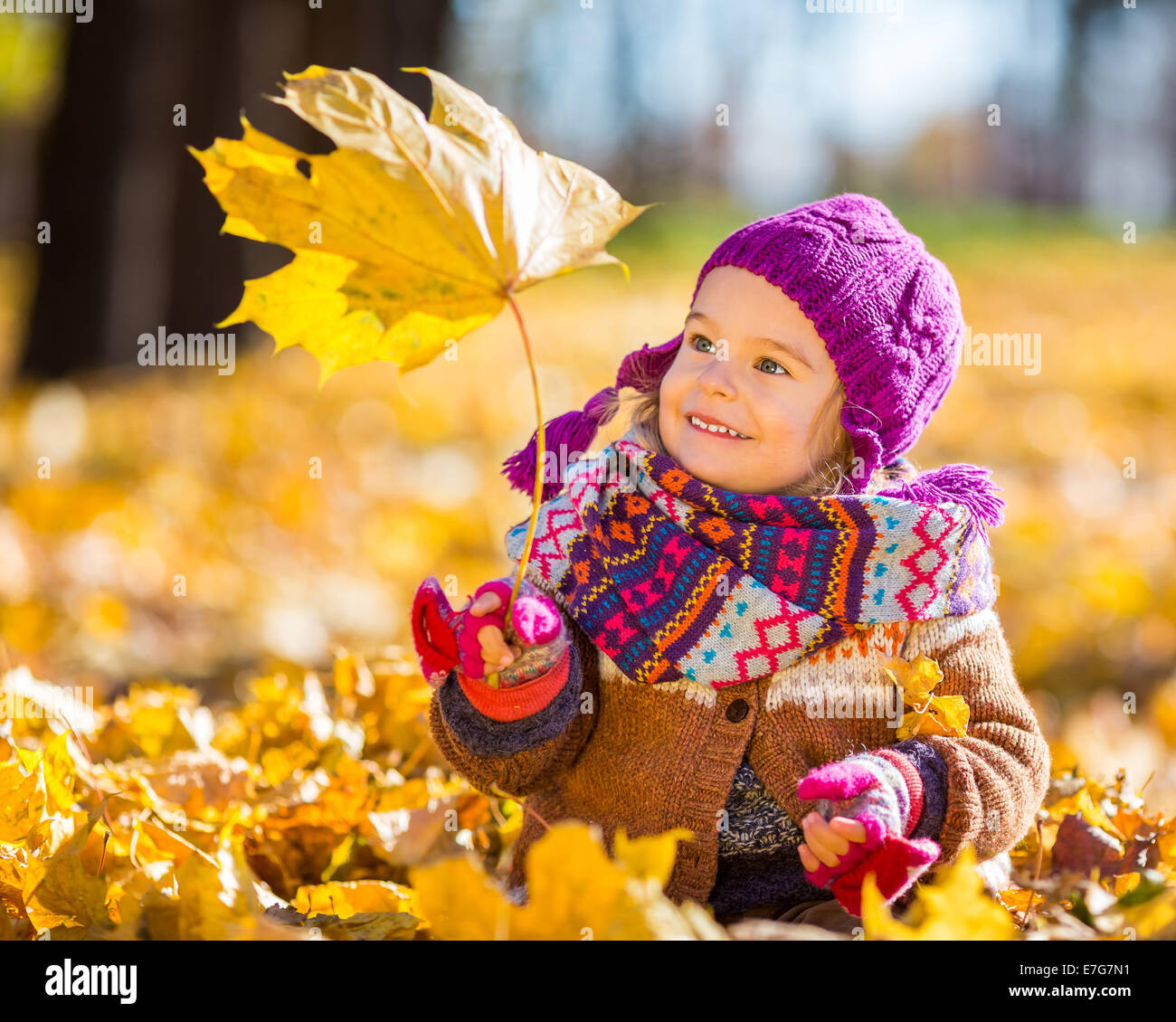 Little girl playing with autumn leaves Stock Photo - Alamy