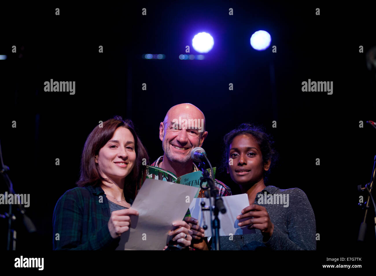 Edinburgh, Scotland, UK. 16th Sep, 2014. Actors, Tam Dean Burn (centre), Morven Christie (BBC2 Twenty Twelve) (left) and Anneika Rose (Taggart) (right) rehearse for Blabbermouth at The Assembly Hall on the Mound. Blabbermouth is the 12-hour live event which will take place in Scotland's capital city on the eve of the historic referendum to celebrate the country's contribution to the world through its written word. 16th September 2014. Edinburgh, Scotland, UK Credit:  GARY DOAK/Alamy Live News Stock Photo