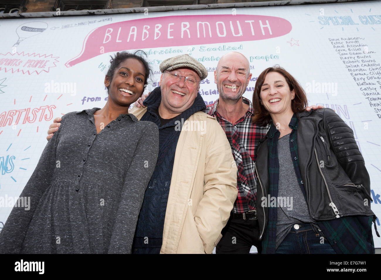 Edinburgh, Scotland, UK. 16th Sep, 2014. Actors, Alex Norton from Taggart (wearing cap), Tam Dean Burn (centre), Morven Christie (BBC2 Twenty Twelve) (right) and Anneika Rose (Taggart) (left) who will be appearing in Blabbermouth at The Assembly Hall on the Mound. Blabbermouth is the 12-hour live event which will take place in Scotland's capital city on the eve of the historic referendum to celebrate the country's contribution to the world through its written word. 16th September 2014. Edinburgh, Scotland, UK Credit:  GARY DOAK/Alamy Live News Stock Photo
