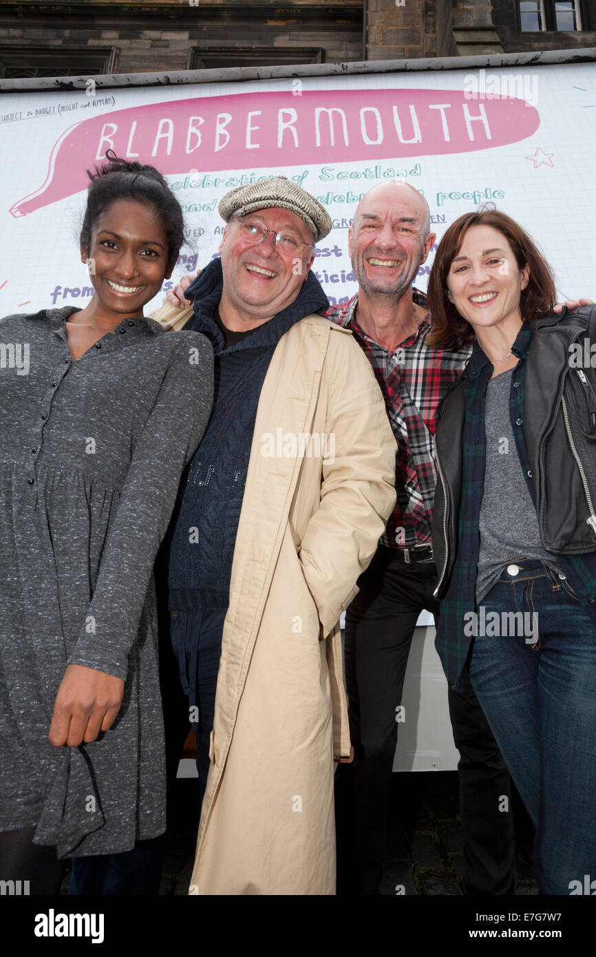 Edinburgh, Scotland, UK. 16th Sep, 2014. Actors, Alex Norton from Taggart (wearing cap), Tam Dean Burn (centre), Morven Christie (BBC2 Twenty Twelve) (right) and Anneika Rose (Taggart) (left) who will be appearing in Blabbermouth at The Assembly Hall on the Mound. Blabbermouth is the 12-hour live event which will take place in Scotland's capital city on the eve of the historic referendum to celebrate the country's contribution to the world through its written word. 16th September 2014. Edinburgh, Scotland, UK Credit:  GARY DOAK/Alamy Live News Stock Photo