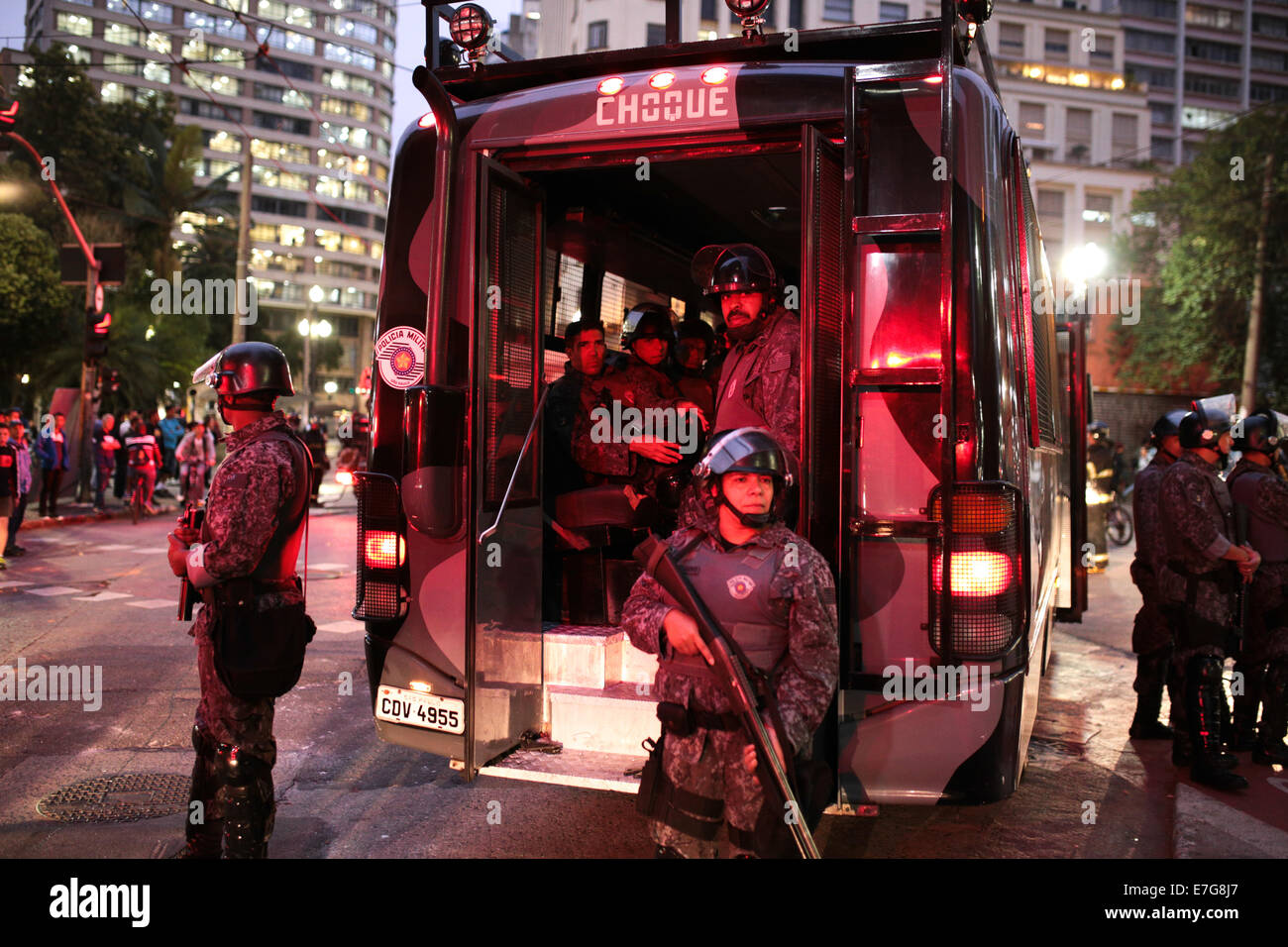 Sao Paulo, Brazil. 16th Sept, 2014. Riot police stand in position after ...