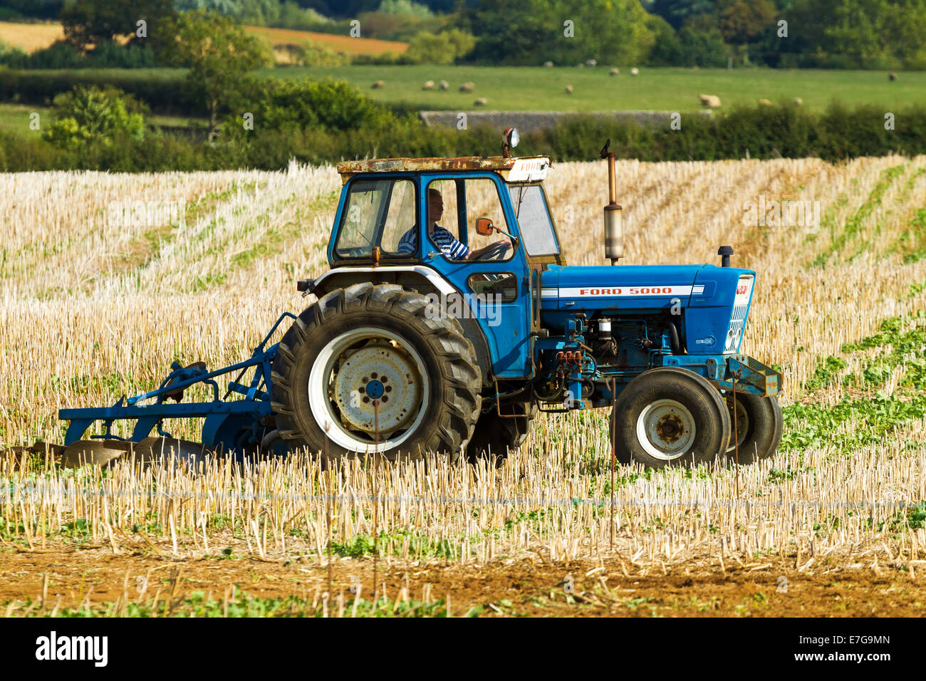 A Blue Ford 5000 Tractor ploughing fields Stock Photo Alamy