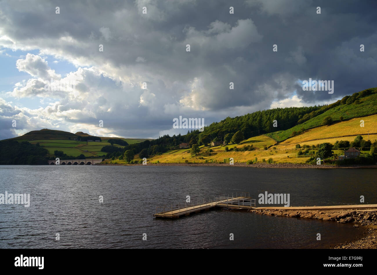 UK,Derbyshire,Peak District,Ladybower Reservoir and Boat Jetty looking towards Ashopton Viaduct & Crook Hill Stock Photo