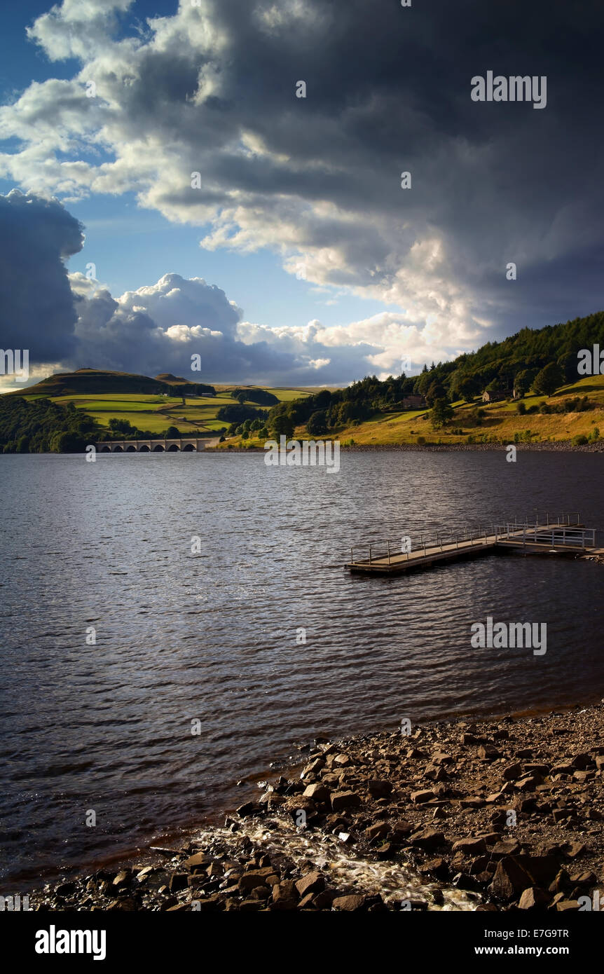 UK,Derbyshire,Peak District,Ladybower Reservoir and Boat Jetty looking towards Ashopton Viaduct & Crook Hill Stock Photo