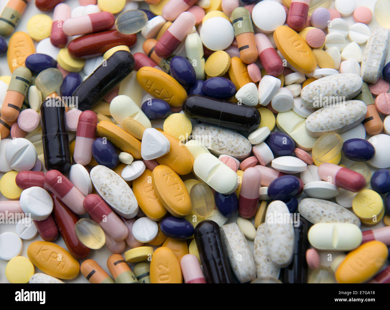 Tablets and pills on a table, 18 August 2014 in Hamburg. Stock Photo