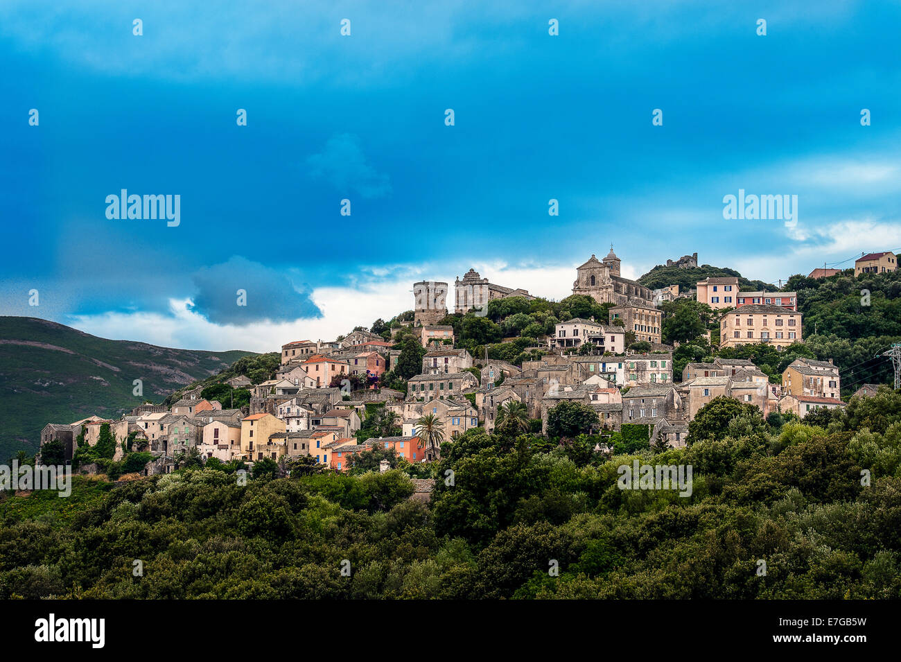 Europe, France, Corsica, Haute Corse, Cap Corse. The perched village of Rogliano. Stock Photo