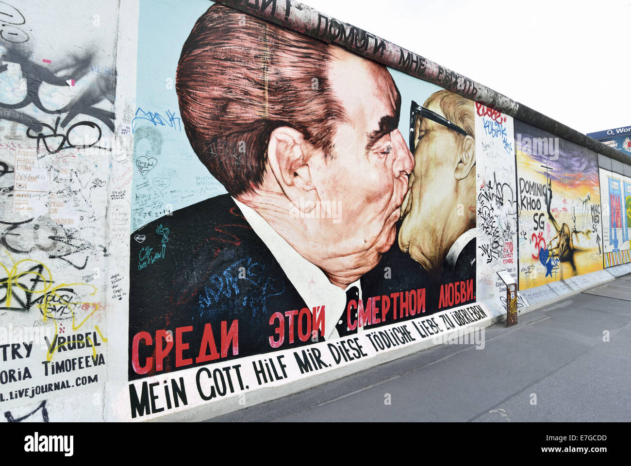 Germany, Berlin, East Side Gallery, Berlin Wall, wall, painting, Brother Kiss, Breschnew, Honecker, Sowjetunion, DDR, Comunism, travel, tourism, sightseeing, Wall of Berlin, street arts, Dimitry Vrubel, famous wall scenes, Berlin historic tour, german capi Stock Photo