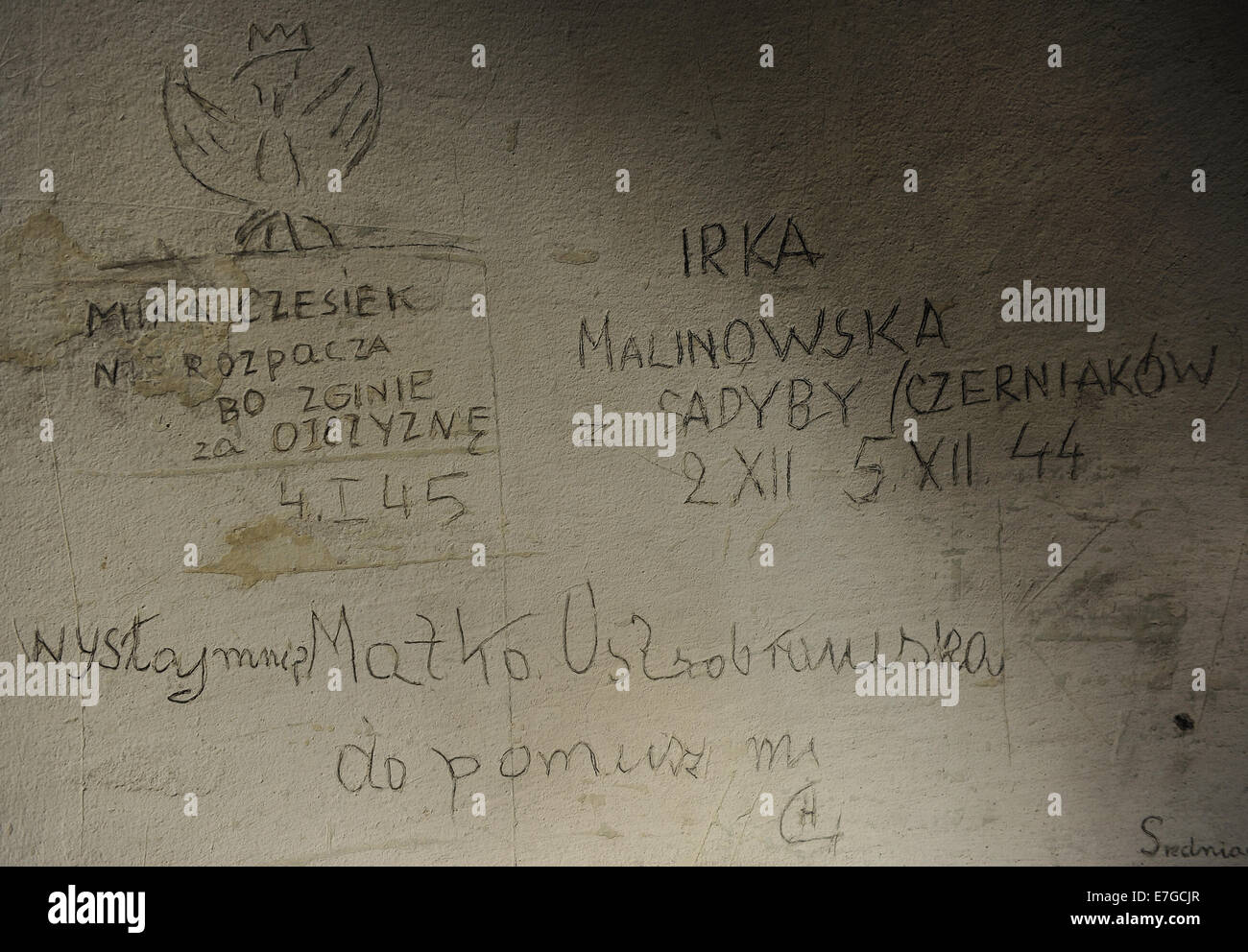 Poland. Krakow. Gestapo Museum. Inscription on the walls, made by the detainees. Inside. Stock Photo