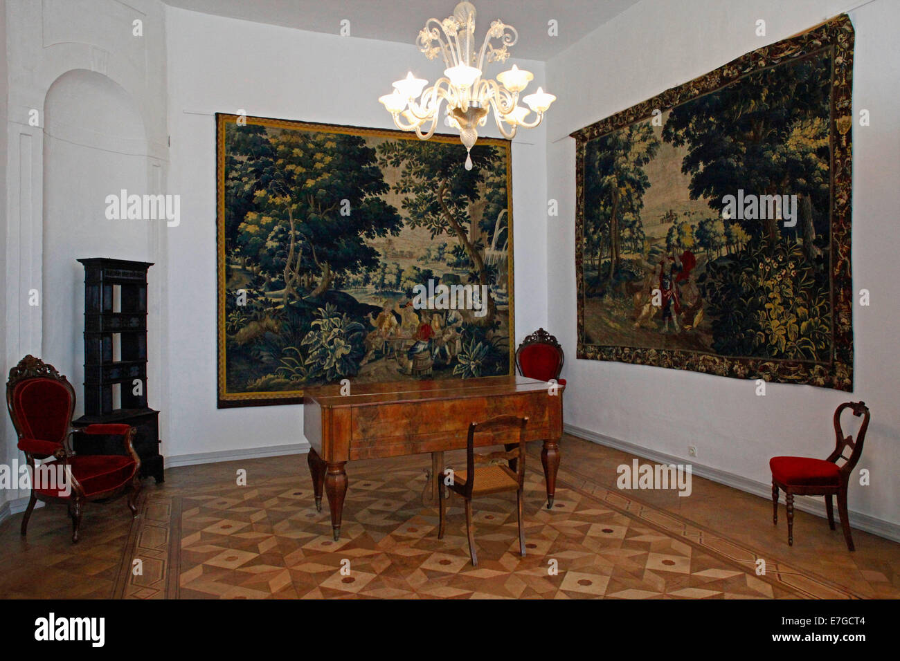 Music room with cembalo of the former imperial abbey and residence of Corvey, world cultural heritage, Hoexter, North Rhine-Westphalia, Germany Stock Photo