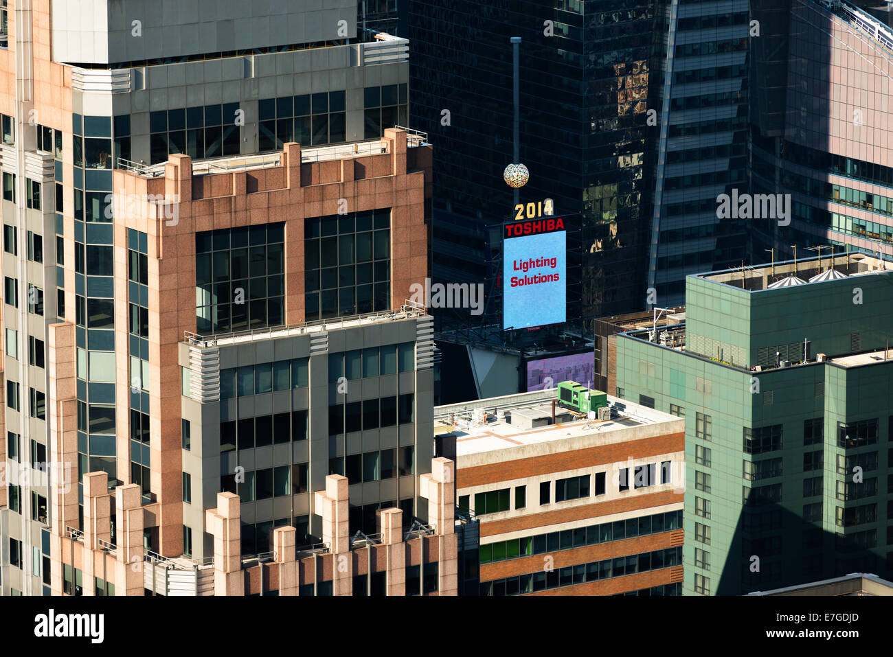 30 AUGUST 2014 - NEW YORK: Advertisement of the  'Toshiba' brand on Times Square reads 'Lighting Solutions'. Stock Photo