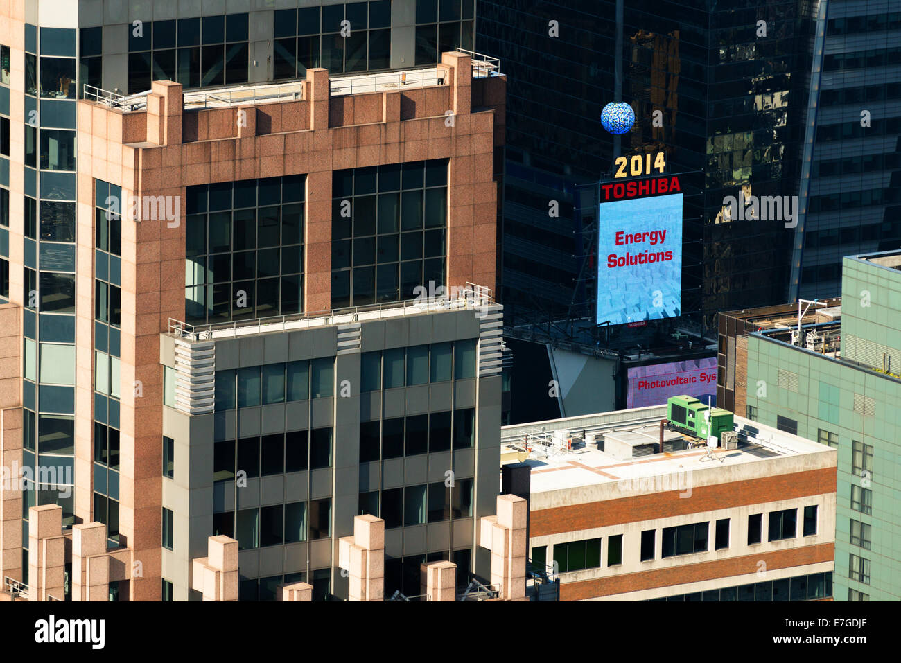 30 AUGUST 2014 - NEW YORK: Advertisement of the  'Toshiba' brand on Times Square reads 'Energy Solutions'. Stock Photo