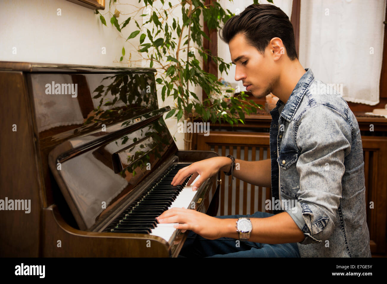 Young handsome male artist playing his wooden classical upright piano, indoor portrait Stock Photo