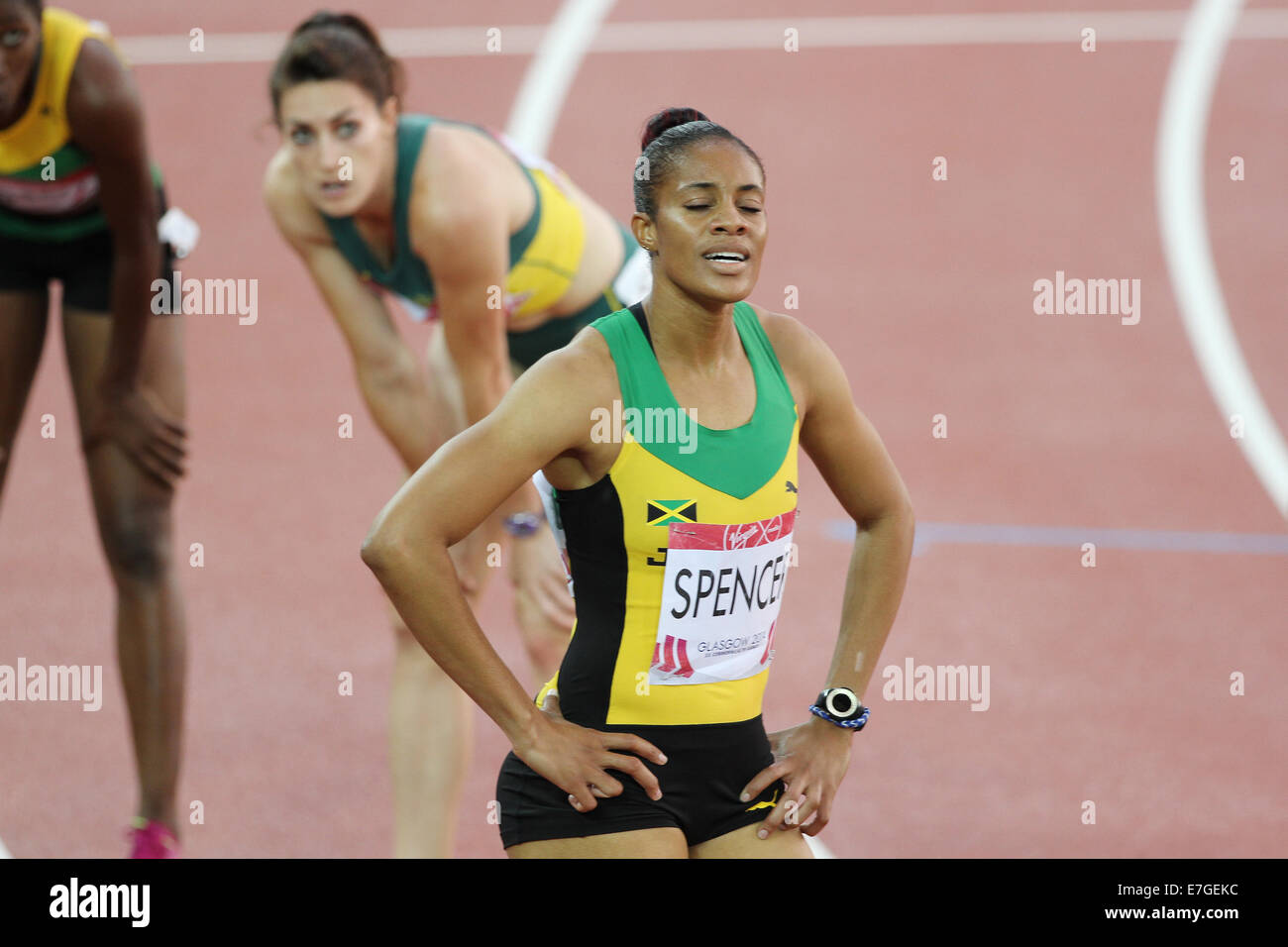 Kaliese SPENCER of Jamaica after winning in the womens 400m Hurdles in the athletics at Hampden Park, in the 2014 Commonwealths Stock Photo