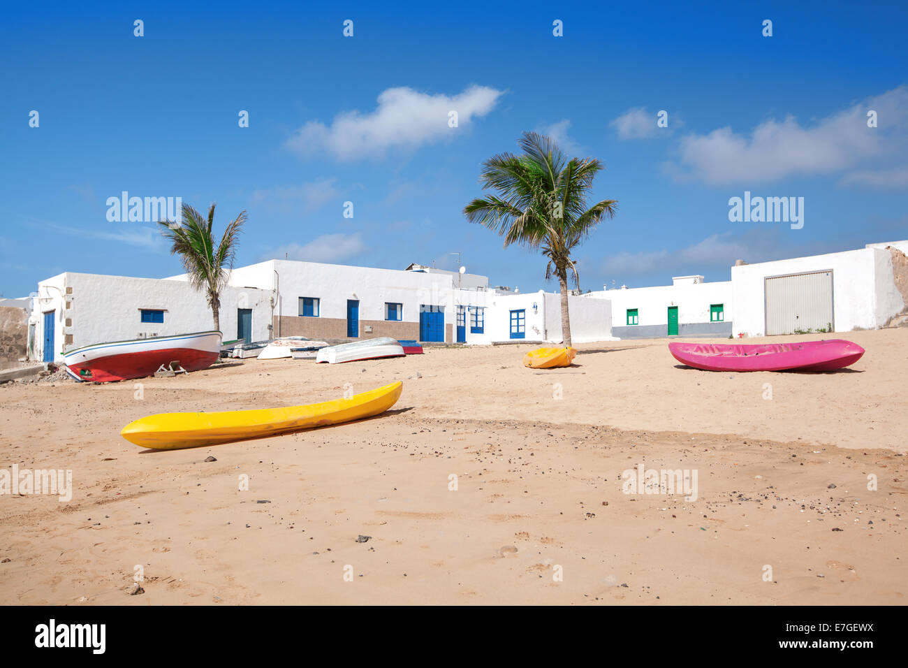 La Graciosa - Beach with boats in Caleta del Sebo Stock Photo