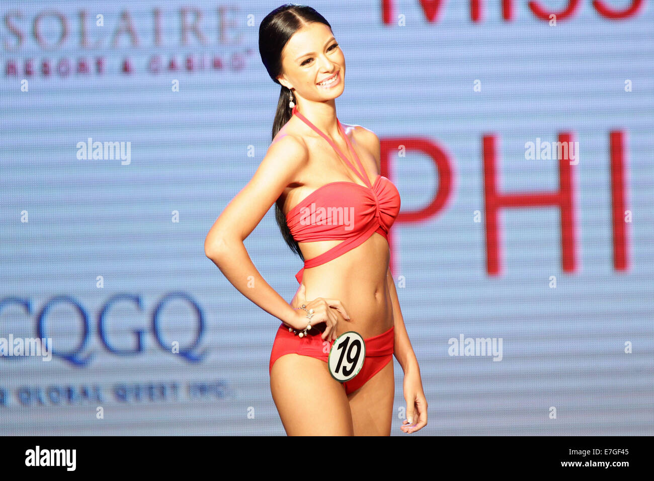 Valerie Weigmann presents her swimwear during the unveiling of the Miss  World 2014 Philippines candidates held in Pasay City. The Miss World 2014  Philippines Pageant will be held on October 12, 2014.