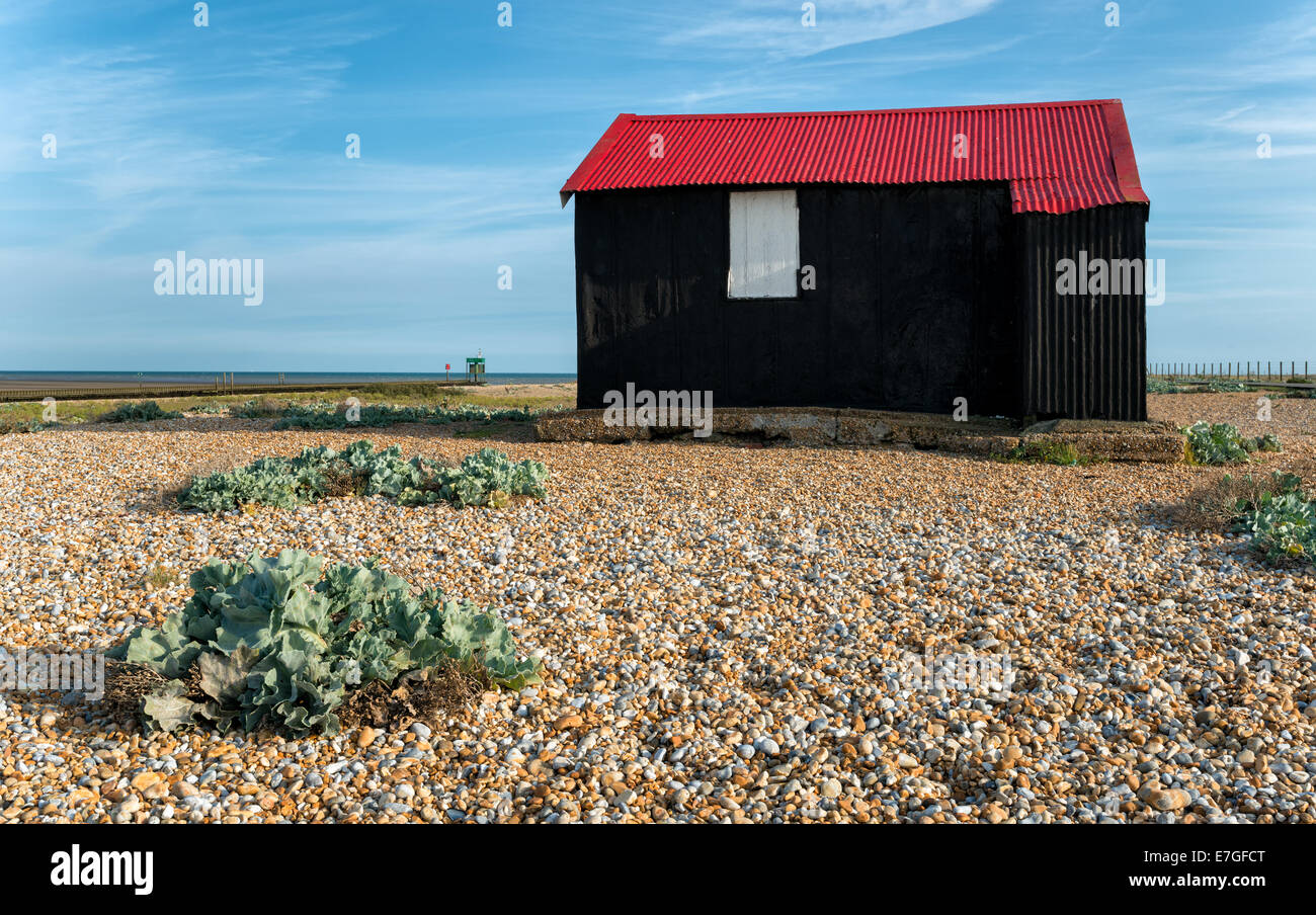 A black hut with a red tin roof on a shingle beach at Rye in East Sussex Stock Photo