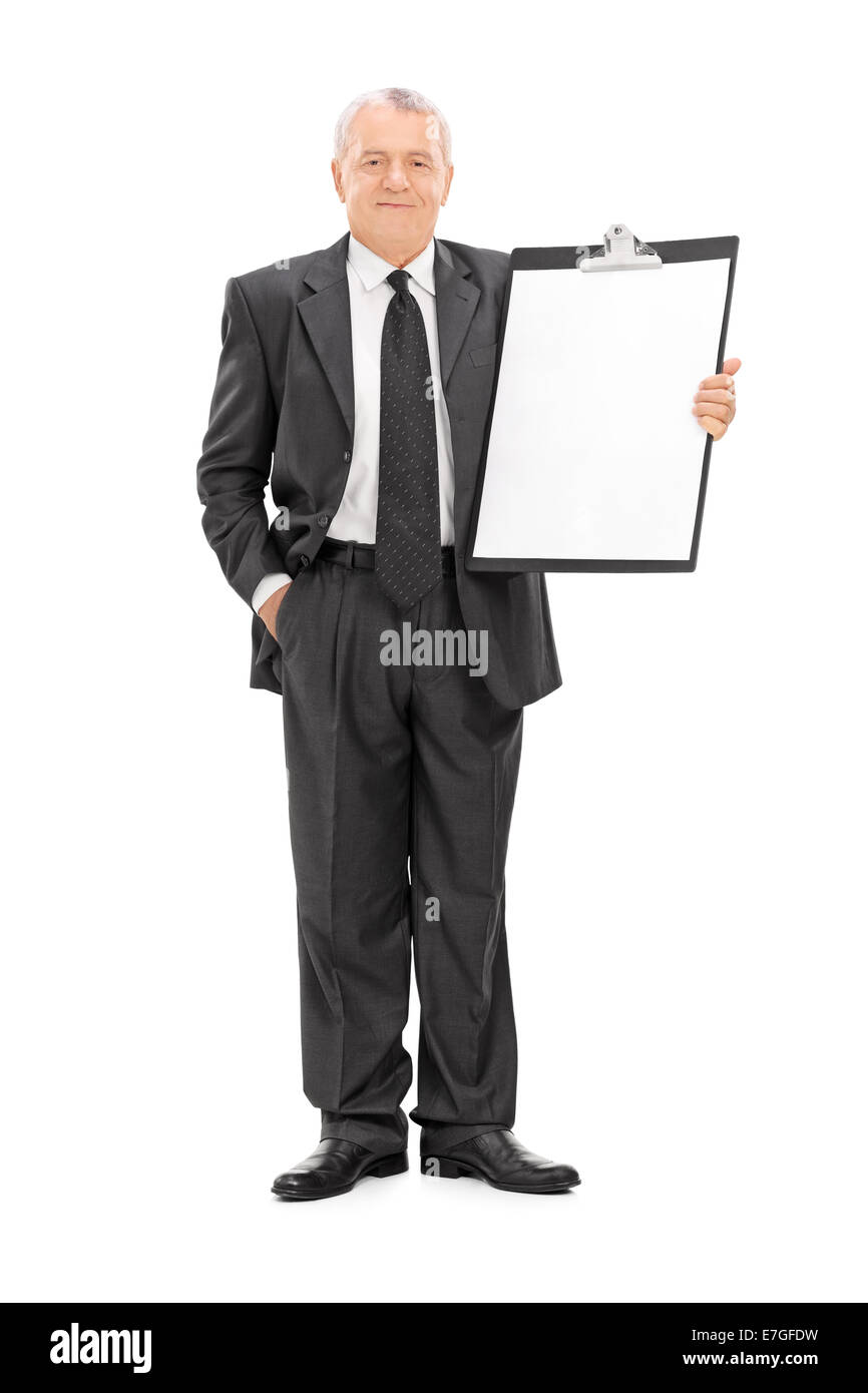 Full length portrait of a mature businessman holding a huge clipboard ...