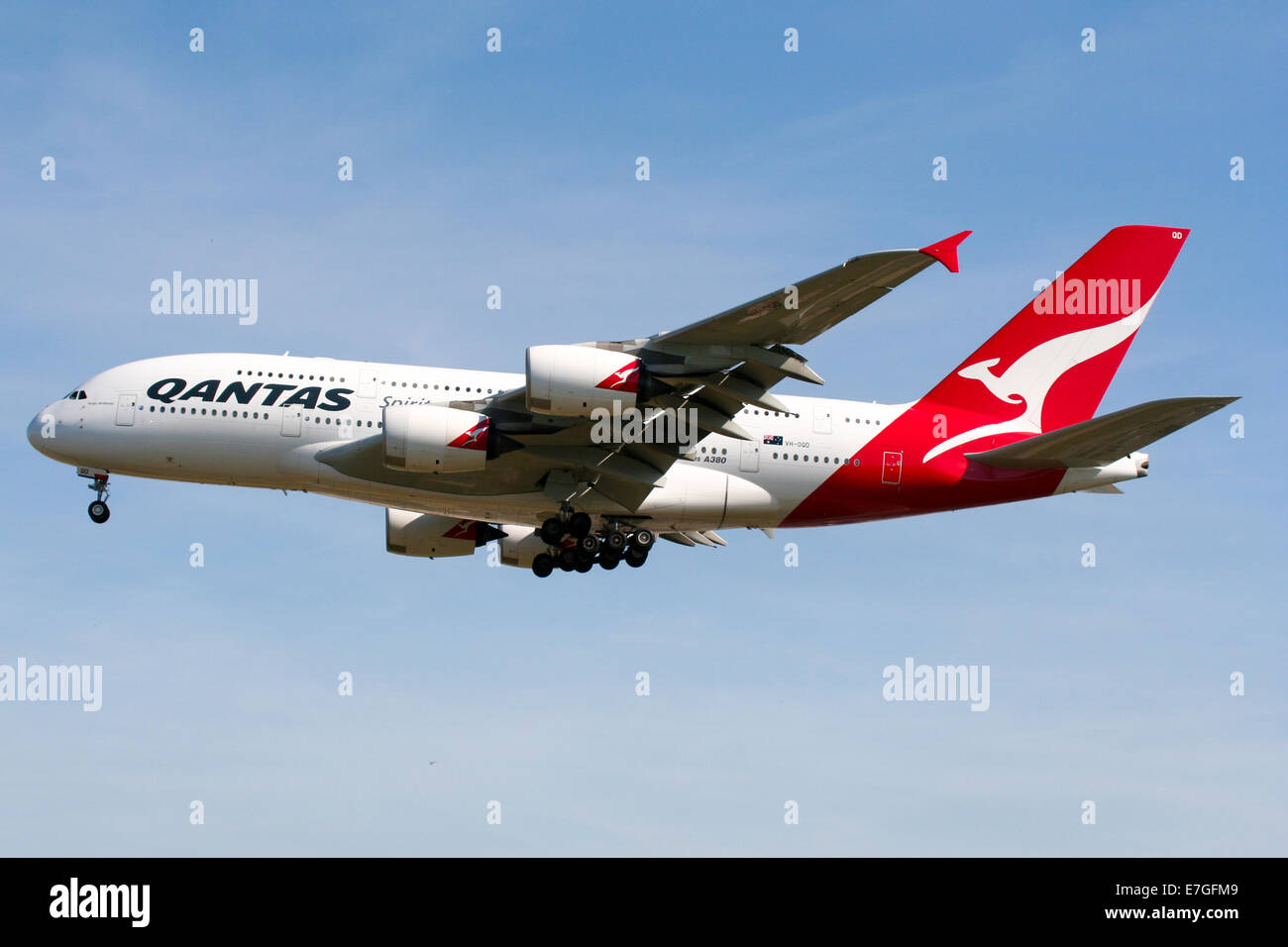 Qantas Airbus A380-800 approaches runway 27L at London Heathrow airport. Stock Photo