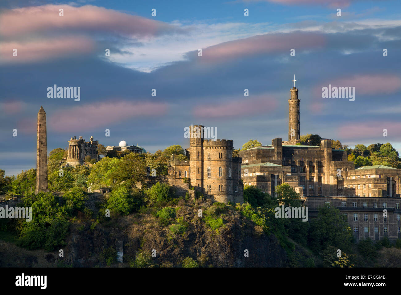 Evening sunlight over the monuments on Calton Hill, Edinburgh, Lothian, Scotland Stock Photo