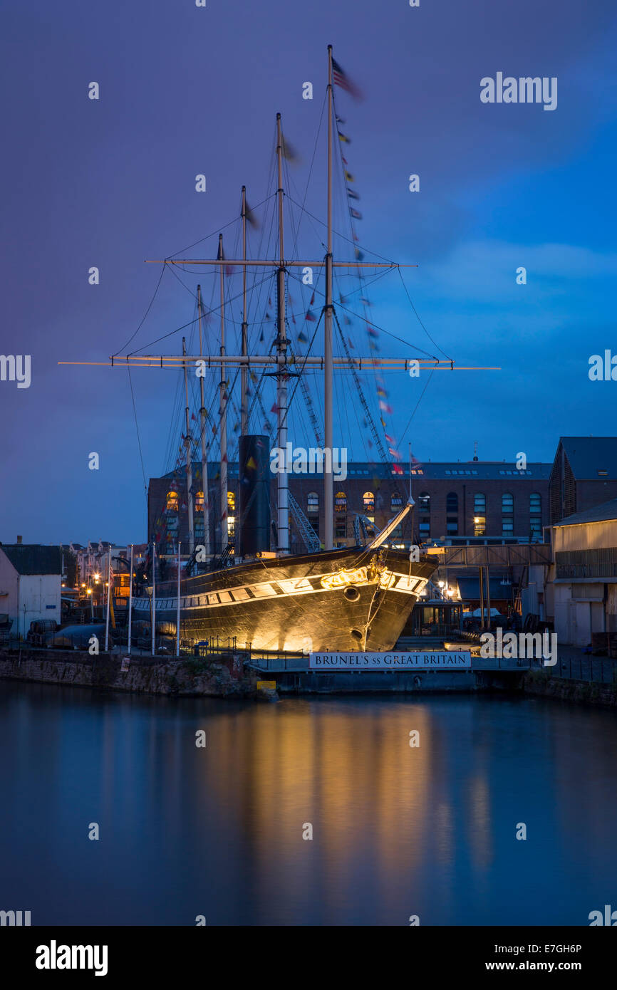 Twilight over Brunel's SS Great Britain - worlds first steam-powered passenger liner, now a museum in dry dock, Bristol, England Stock Photo