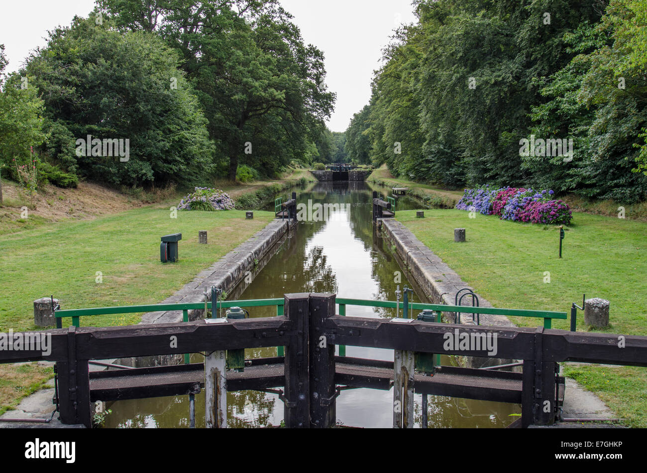 Canal lock gates in Brittany France Stock Photo